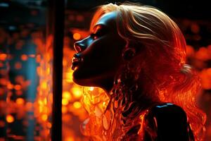 een vrouw is staand in voorkant van een glas venster met brand komt eraan uit van het generatief ai foto
