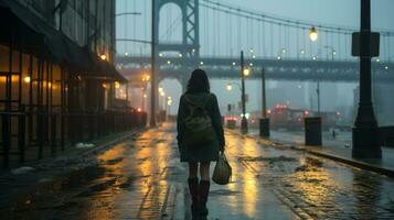 een vrouw is wandelen naar beneden een nat straat in de regen generatief ai foto