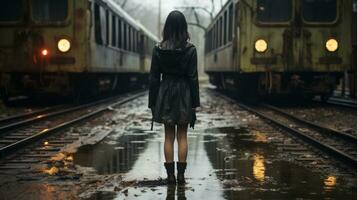 een vrouw staand in voorkant van twee treinen Aan de sporen generatief ai foto