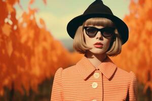 een vrouw vervelend een hoed en zonnebril in een oranje veld- generatief ai foto
