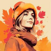 een vrouw vervelend een oranje hoed en sjaal is omringd door herfst bladeren generatief ai foto