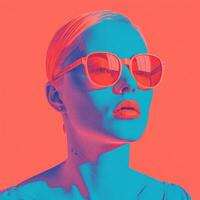een vrouw vervelend zonnebril en een rood en blauw achtergrond generatief ai foto