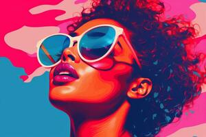 een vrouw vervelend zonnebril in voorkant van een kleurrijk achtergrond generatief ai foto