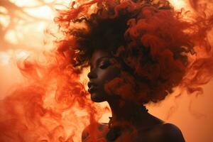 een vrouw met een afro in de rook generatief ai foto