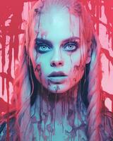 een vrouw met bloed druipend naar beneden haar gezicht in voorkant van een roze en blauw achtergrond generatief ai foto