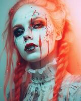 een vrouw met bloed Aan haar gezicht en rood haar- generatief ai foto