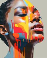 een vrouw met kleurrijk verf druipend naar beneden haar gezicht generatief ai foto