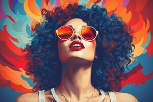 een vrouw met gekruld haar- en zonnebril in voorkant van een kleurrijk achtergrond generatief ai foto