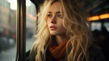 een vrouw met lang blond haar- op zoek uit de venster van een bus generatief ai foto