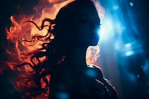 een vrouw met lang haar- in de donker met brand komt eraan uit van haar haar- generatief ai foto