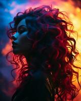 een vrouw met rood en blauw haar- in voorkant van een kleurrijk achtergrond generatief ai foto