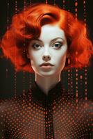 een vrouw met rood haar- en een punt patroon Aan haar gezicht generatief ai foto