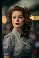 een vrouw met rood haar- en een polka punt jurk generatief ai foto