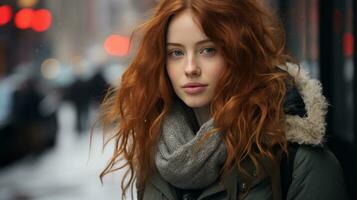 een vrouw met rood haar- staand in de sneeuw generatief ai foto