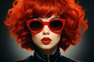 een vrouw met rood haar- vervelend zonnebril en een zwart leer jasje generatief ai foto