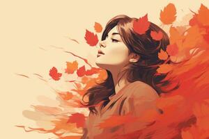 een vrouw met rood bladeren blazen in de wind generatief ai foto