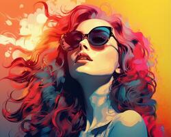 een vrouw met zonnebril en lang haar- in een kleurrijk achtergrond generatief ai foto
