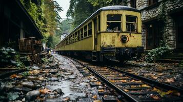 een geel trein Aan de sporen generatief ai foto