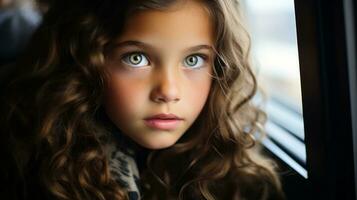een jong meisje op zoek uit de venster van een trein generatief ai foto