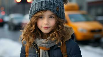 een jong meisje vervelend een winter hoed en sjaal Aan de straat generatief ai foto