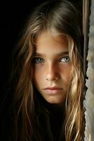 een jong meisje met lang haar- en groen ogen generatief ai foto