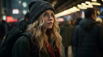 een jong vrouw in een winter hoed en jas staand in een druk stad generatief ai foto