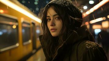 een jong vrouw staand in voorkant van een trein Bij nacht generatief ai foto