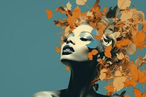 een artistiek beeld van een vrouw met bladeren Aan haar hoofd generatief ai foto