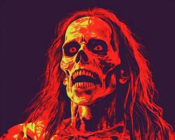 een beeld van een zombie met lang haar- en rood ogen generatief ai foto