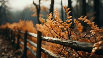 herfst bladeren Aan een hek in de bossen generatief ai foto