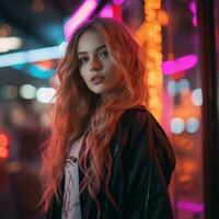 mooi vrouw met lang rood haar- en neon lichten in de achtergrond generatief ai foto