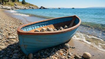 blauw houten boot Aan de strand generatief ai foto
