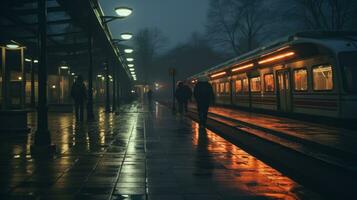 mensen wandelen Aan een regenachtig nacht Bij een trein station generatief ai foto