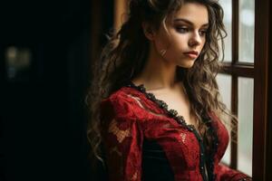 portret van een mooi jong vrouw in een rood kant jurk staand in voorkant van een venster generatief ai foto