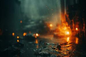 regenachtig nacht met brand en water Aan de grond generatief ai foto