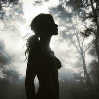 silhouet van een naakt vrouw staand in een mistig Woud generatief ai foto