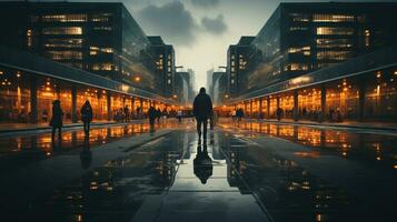silhouetten van mensen wandelen in een stad Bij nacht generatief ai foto