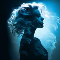 de silhouet van een vrouw met rook komt eraan uit van haar haar- generatief ai foto