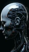 3d renderen van een menselijk hoofd met een robot hoofd Aan een zwart achtergrond generatief ai foto