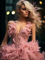 een mooi blond vrouw in een roze jurk generatief ai foto