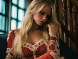 een mooi blond vrouw in een rood jurk zittend Aan een bankstel generatief ai foto