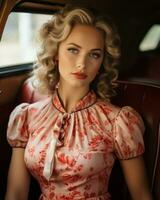 een mooi blond vrouw zittend in de terug stoel van een oud auto generatief ai foto