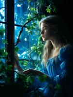 een mooi jong vrouw in een blauw jurk op zoek uit de venster generatief ai foto