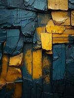 een blauw en geel geschilderd muur met scheuren en pellen verf generatief ai foto