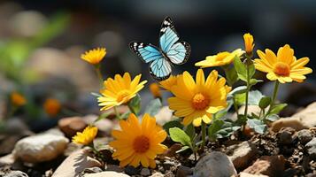 een blauw vlinder is neergestreken Aan een geel bloem generatief ai foto