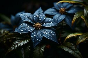 een blauw bloem met water druppels Aan het generatief ai foto