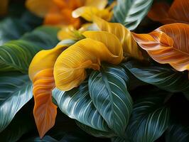 een dichtbij omhoog van een bundel van oranje en groen bladeren generatief ai foto