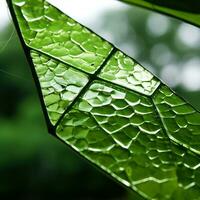 een dichtbij omhoog van een groen blad generatief ai foto