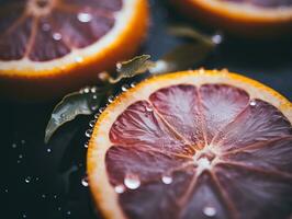 een dichtbij omhoog van twee plakjes van bloed sinaasappels met water druppels Aan hen generatief ai foto