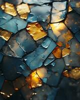 een dichtbij omhoog visie van een gebroken glas oppervlakte met goud en blauw kleuren generatief ai foto